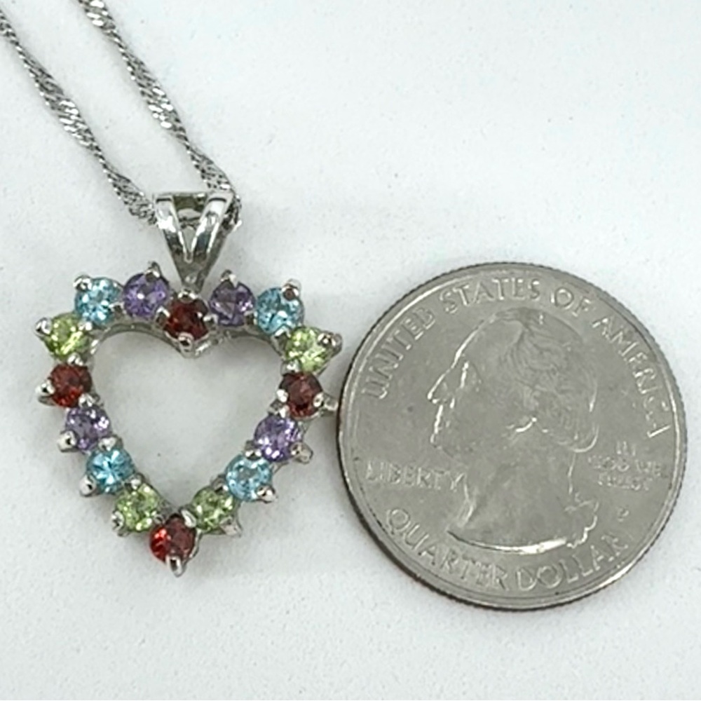 925 Sterling Silver Singapore Chain Multi-stone Heart Pendant Necklace - Picture 6 of 15